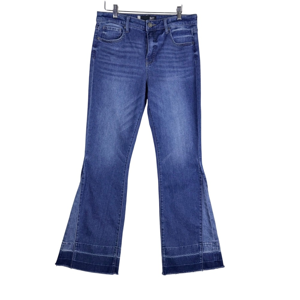 KUT from the Kloth Ana High Rise Fab Flare Jeans S8 Split Dye Contrast Raw Hem